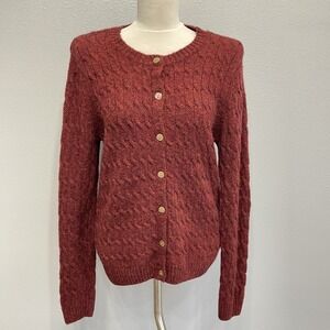 Appleseed's Cable‎ Cardigan Sweater Medium Brick Red 100% Wool